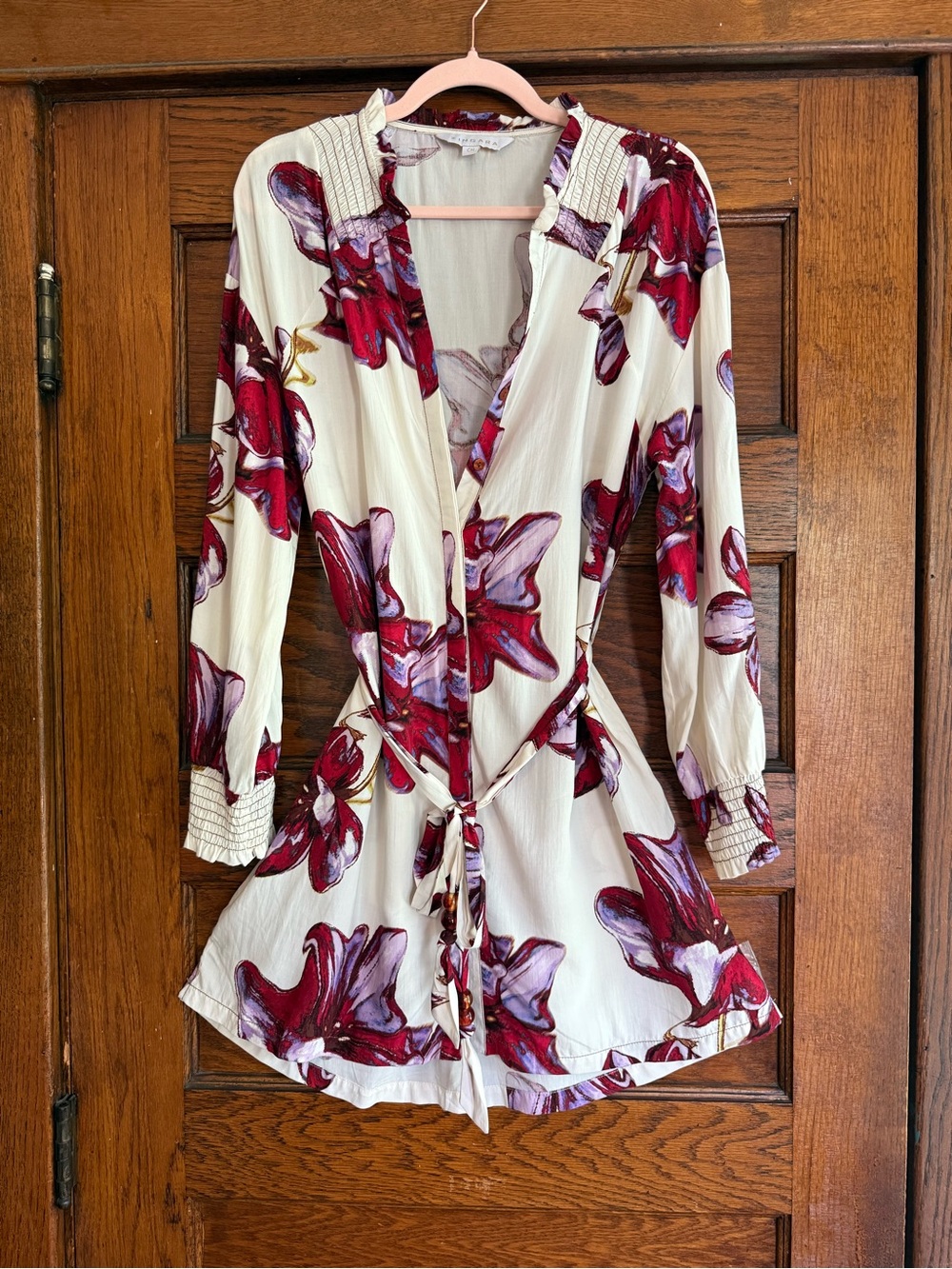 ZINGARA Floral Tropical Tunic Dress Long Sleeve Waist Tie Button Down Resortwear